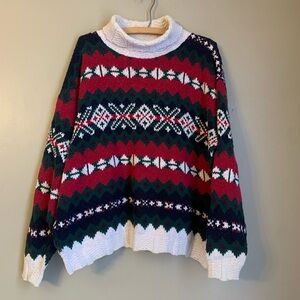 Vintage Lands End Sweater Women Large Made In Usa Patterned Ski Winter Gaper Day
